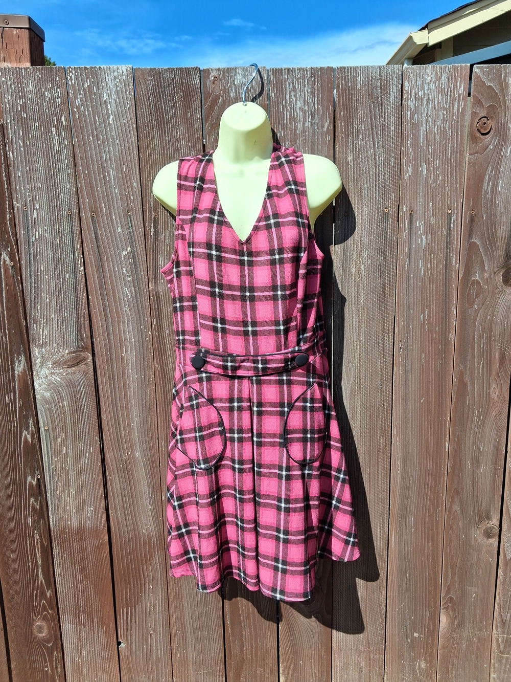 Pink Plaid Sleeveless V-Neck Mini Dress with Front Pocket Detail